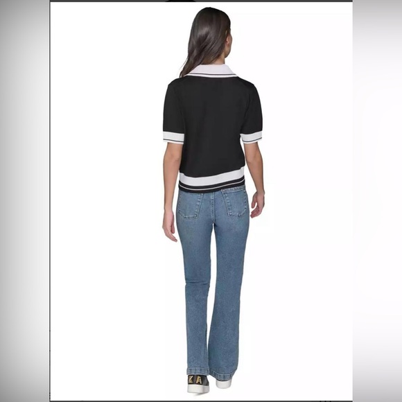Karl Lagerfeld Women’s Short Sleeve Tipped Polo Sweater Monochrome Knit Collar M - Picture 4 of 9